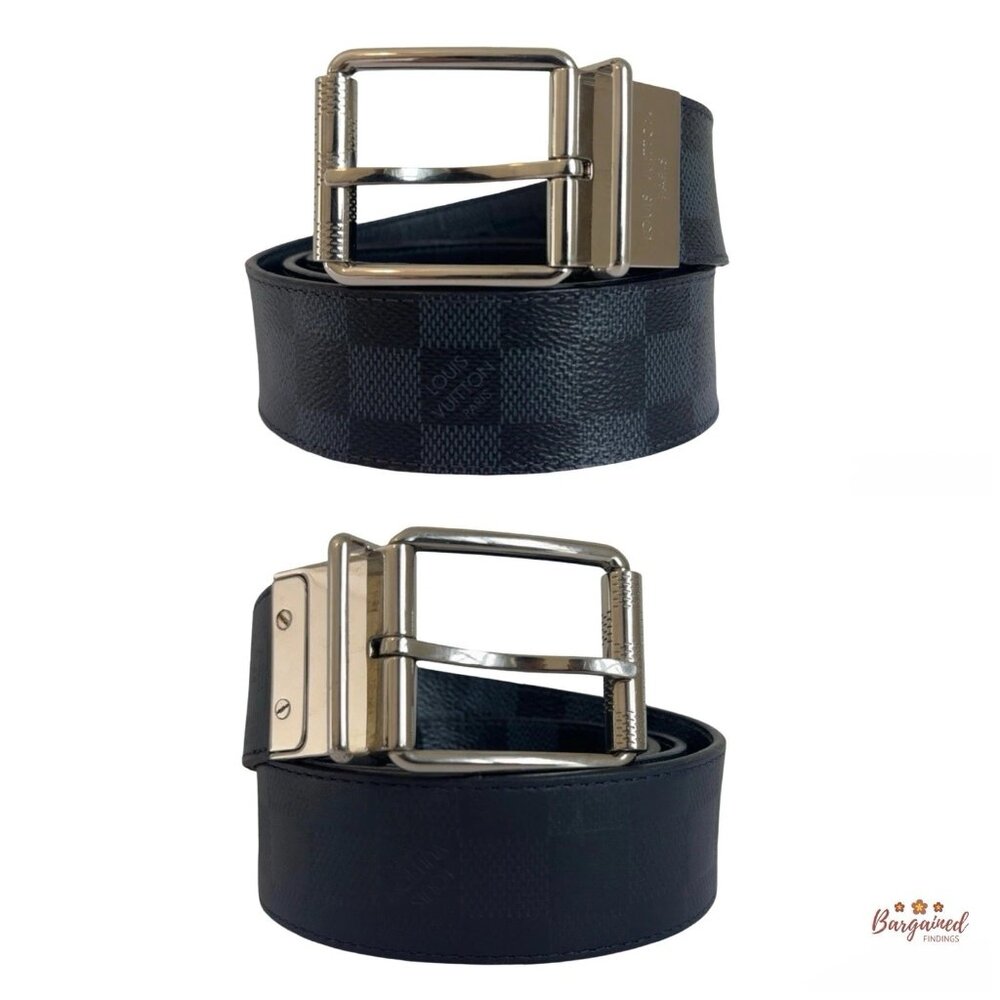 Auth Louis Vuitton Damier Grey/Black Reversible Leather Silver Buckle Belt 95